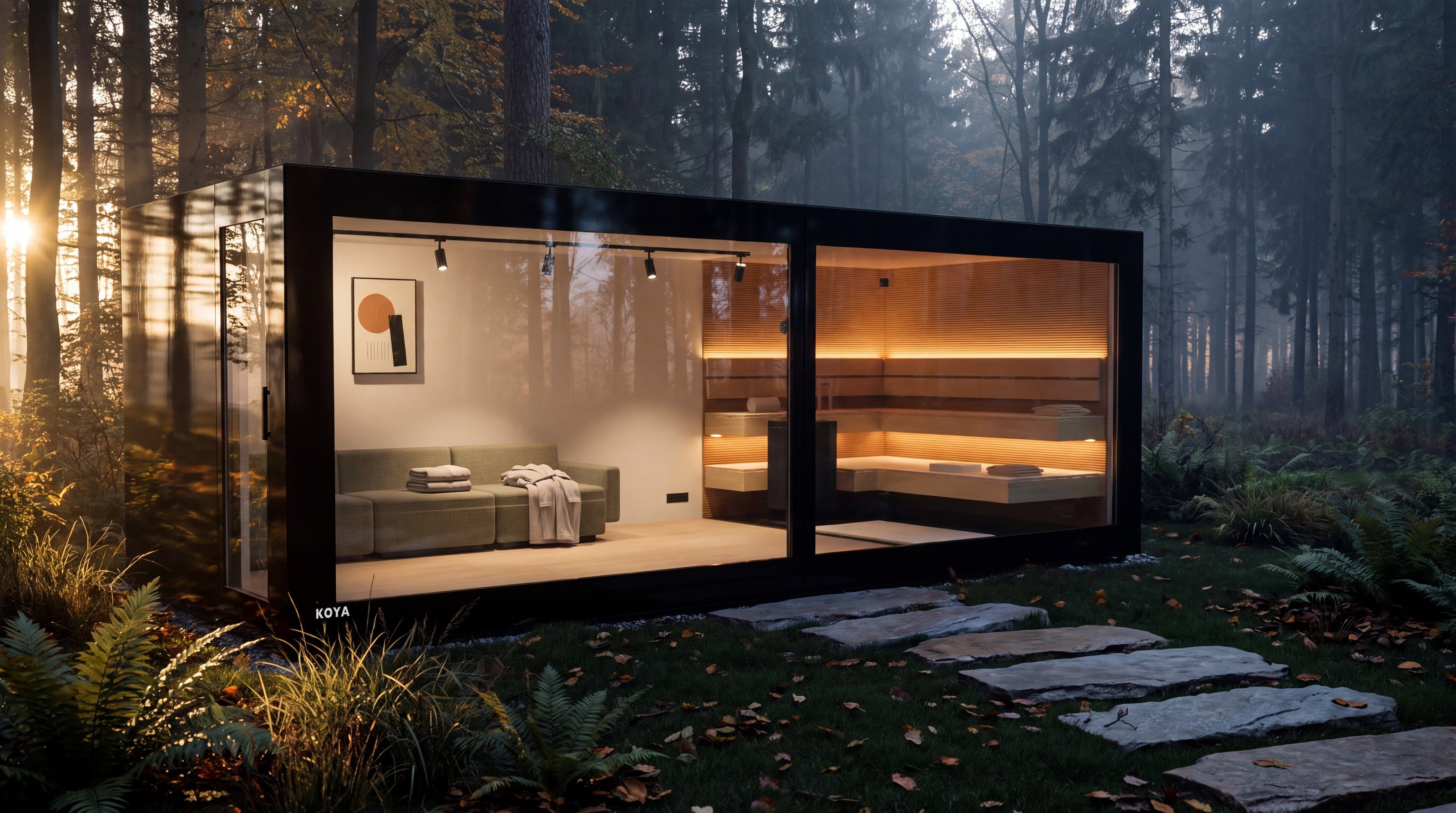 Visualisierung: KOYA Studio Ganzglas 7,0 × 3,0 m als Gartensauna mit Vorraum und Ruheraum am Waldrand