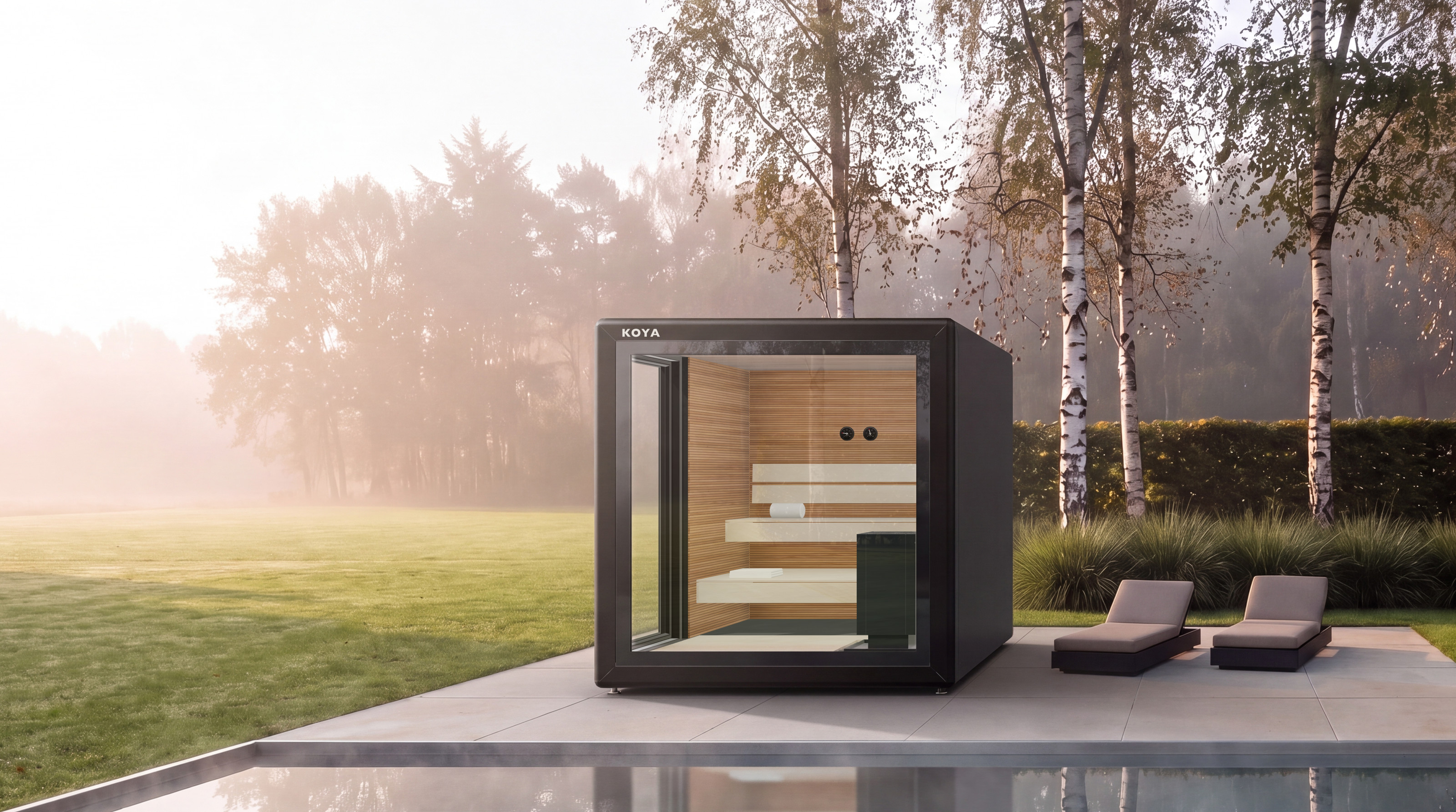 Visualisierung: KOYA Sauna Cube im Morgennebel an einem Wasserbecken zwischen Birken