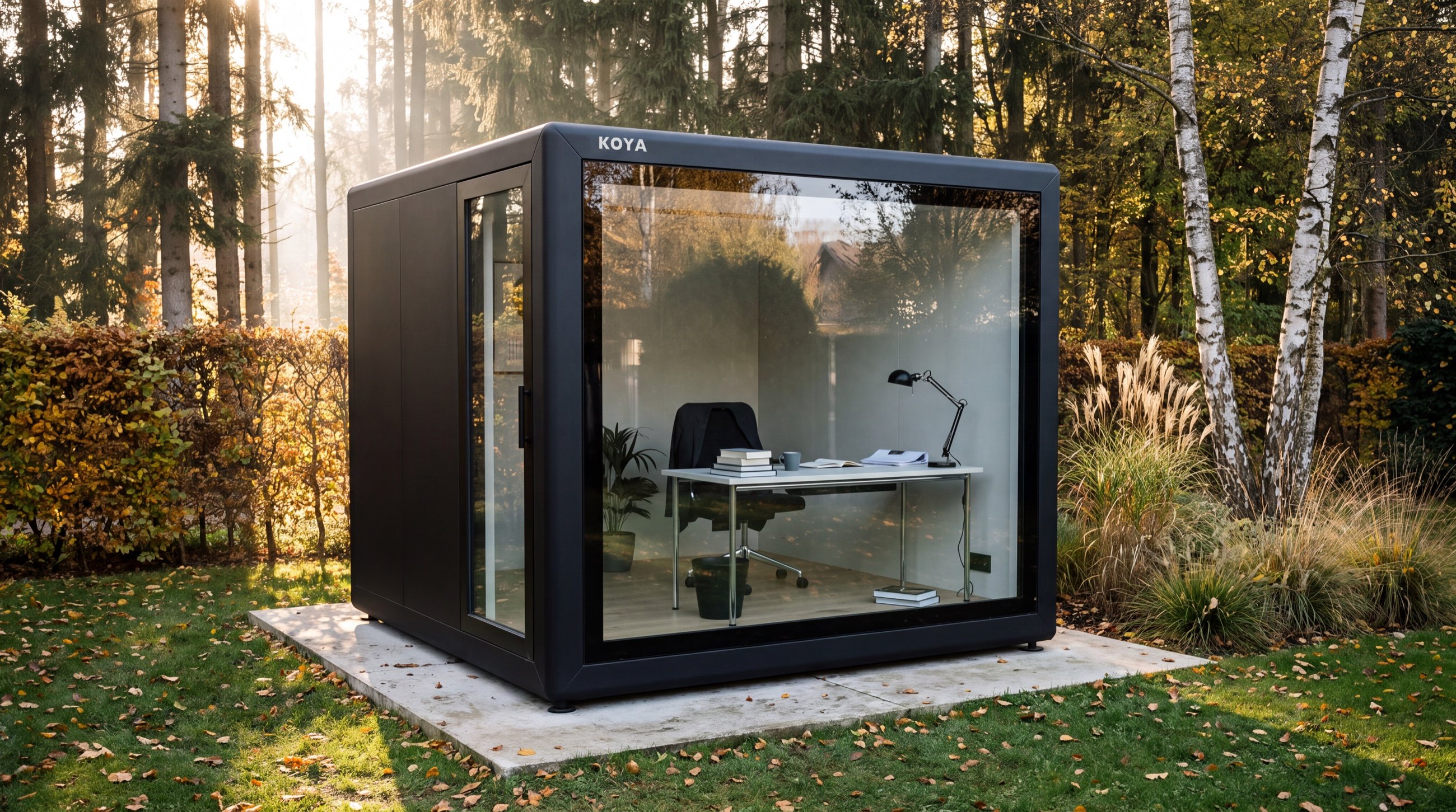 Visualisierung: KOYA Cube 3,0 × 3,0 m als Gartenbüro im herbstlichen Garten
