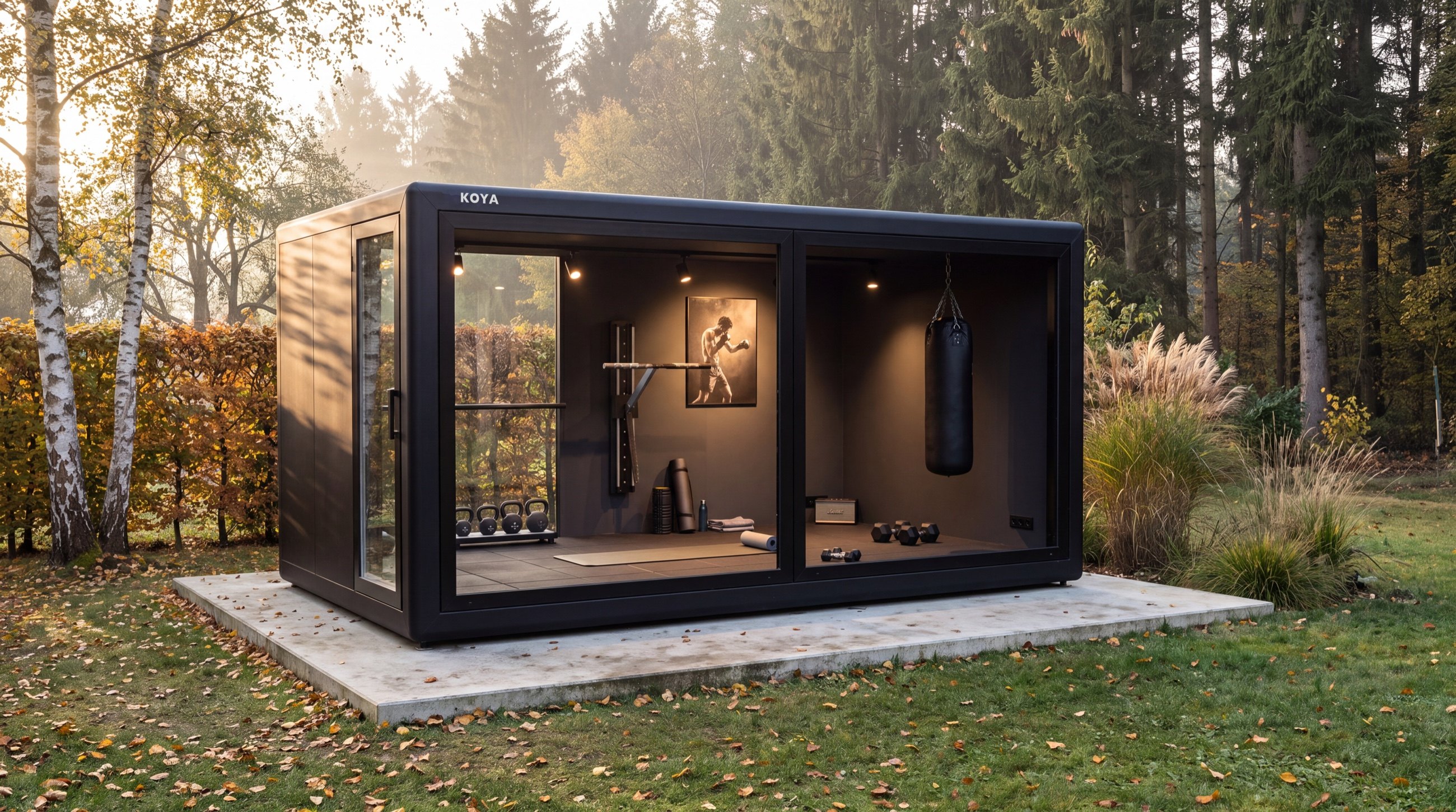 Visualisierung: schwarzer KOYA Cube 5,0 × 3,0 m als Fitnessraum im Garten, hinter der Glasfront Trainingsstation, Boxsack, Hanteln und Matte
