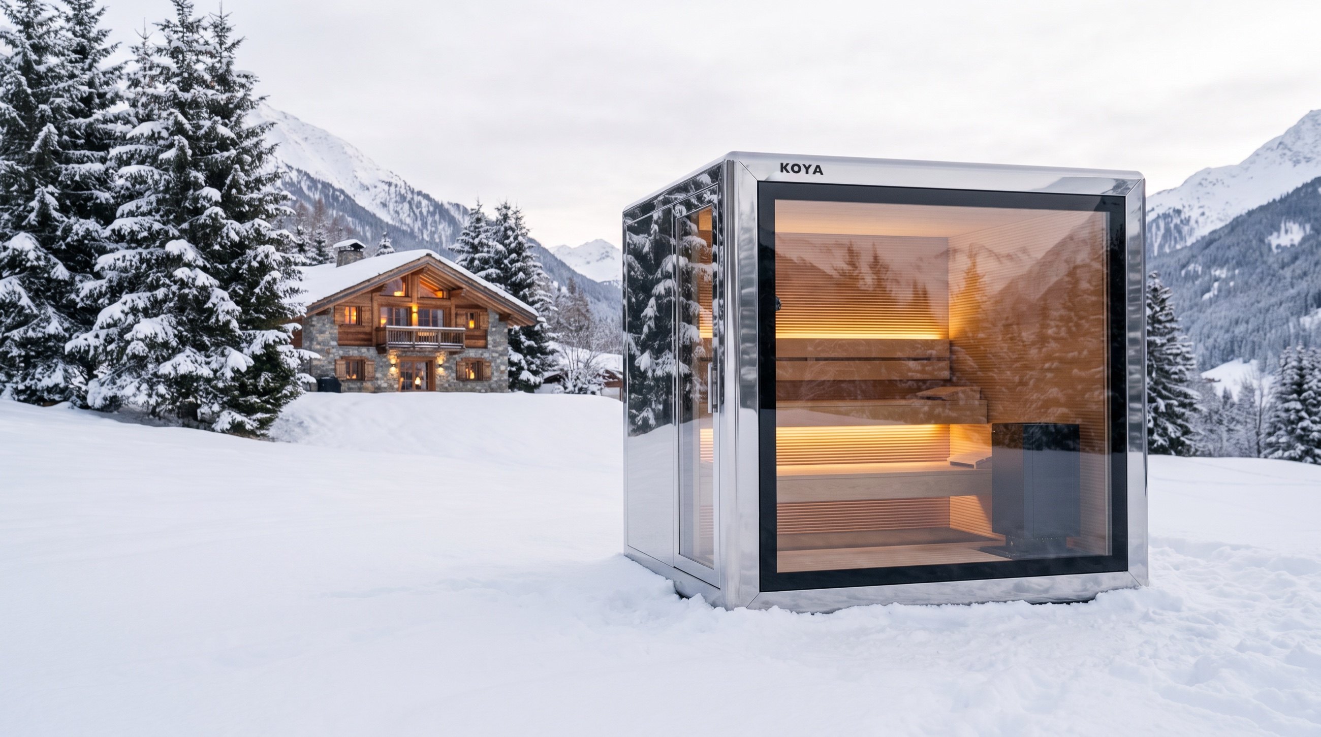 Visualisierung: verspiegelter KOYA Sauna Cube im tief verschneiten Garten vor einem Chalet in den Alpen