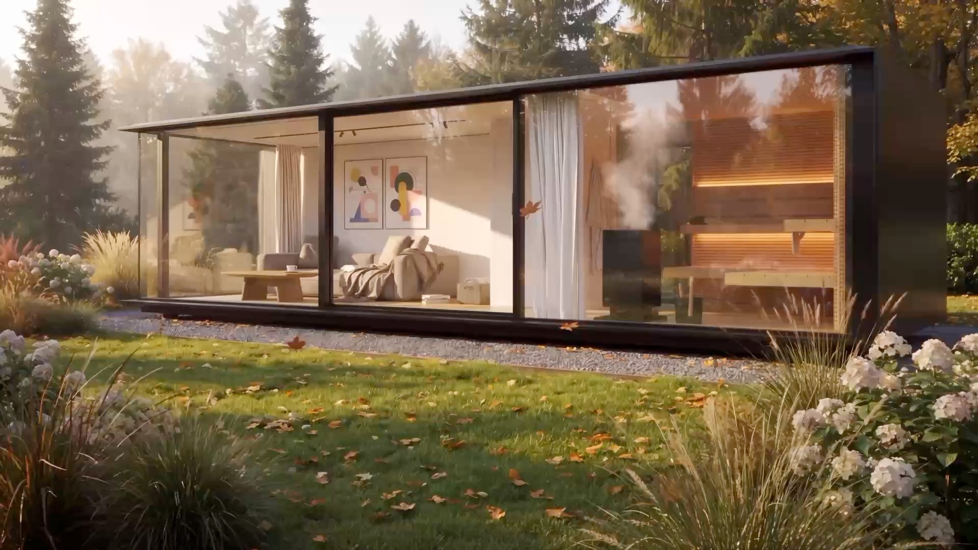 Visualisierung: Glasmodul von KOYA Modulbau, 9 × 3 m, mit Wohnraum und Sauna im herbstlichen Garten am Morgen
