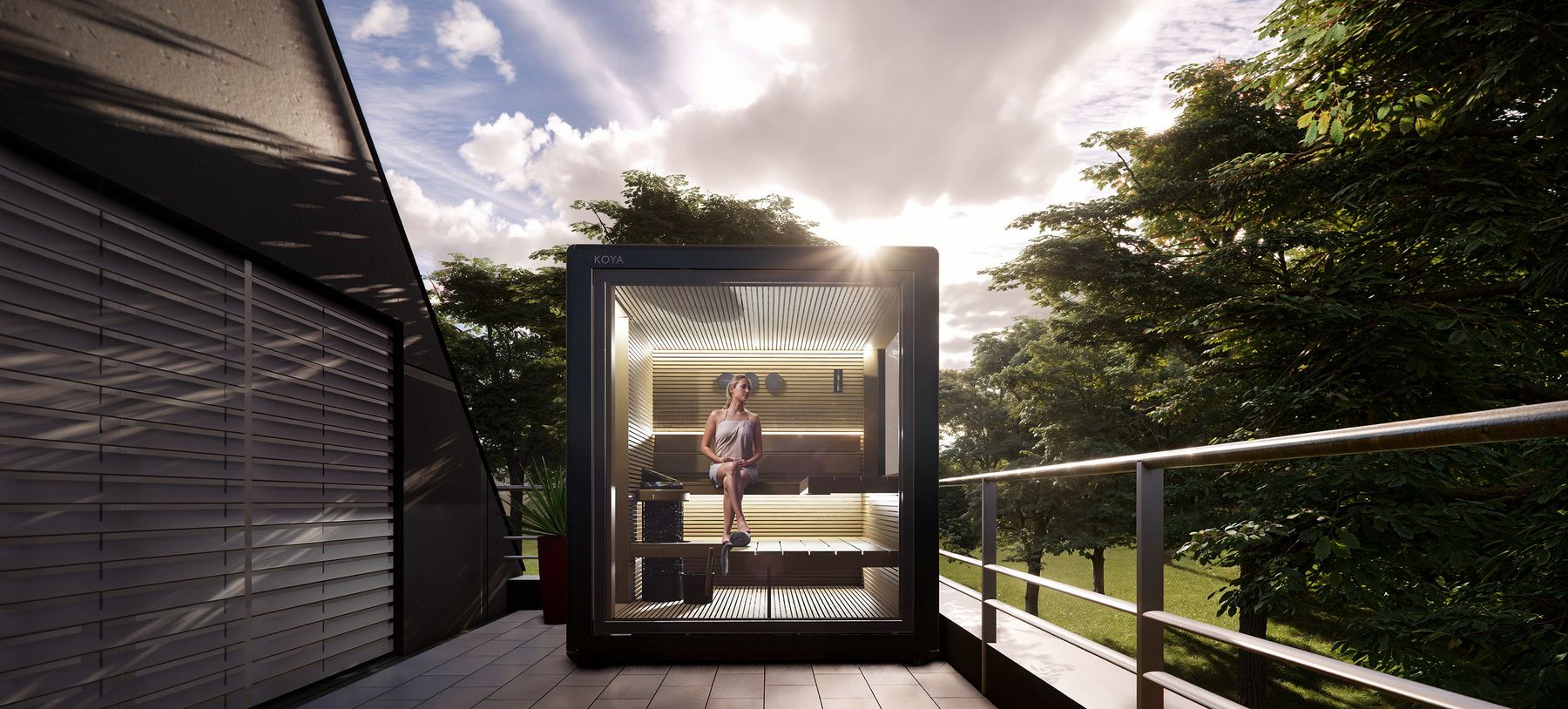 Visualisierung: KOYA Sauna Cube im Gegenlicht auf einer Dachterrasse